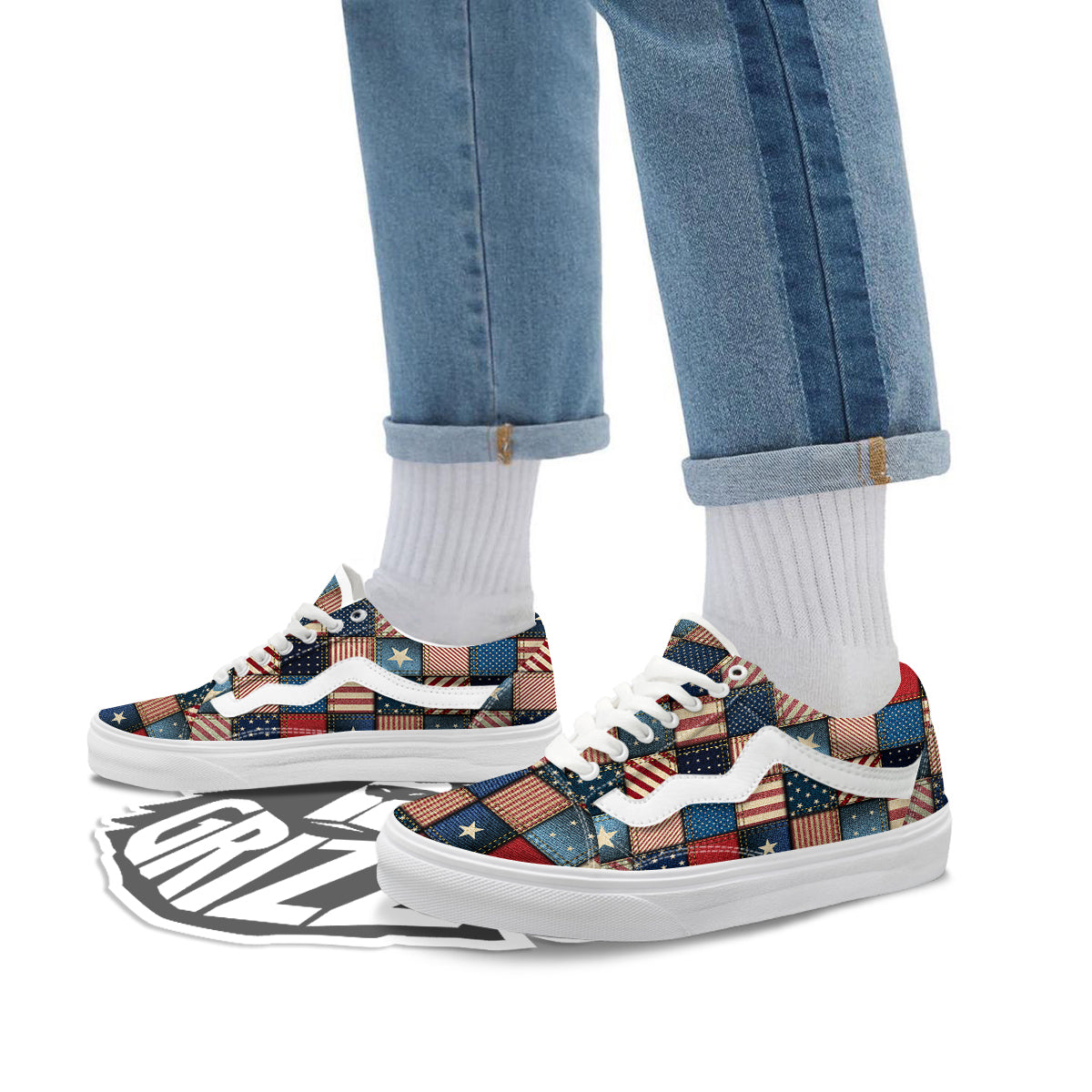 Patchwork Denim American Print Pattern Skate Shoes-grizzshop