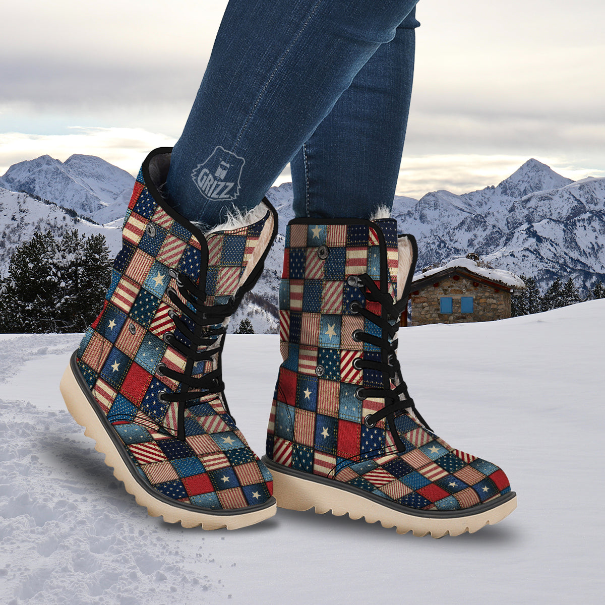 Patchwork Denim American Print Pattern Snow Boots-grizzshop
