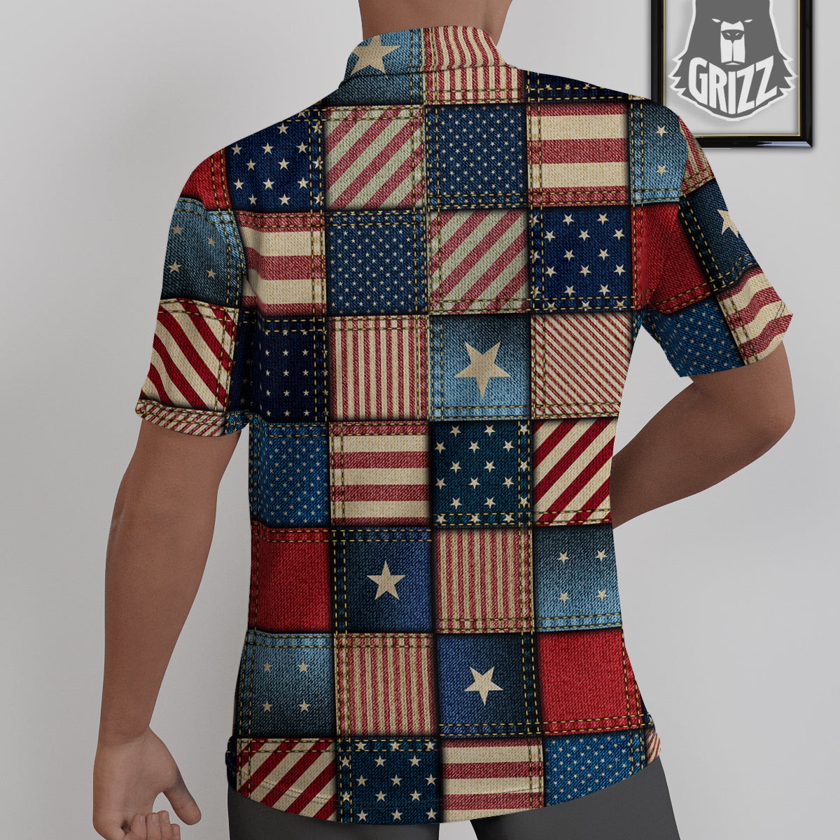 Patchwork Denim American Print Pattern Untucked Shirts-grizzshop