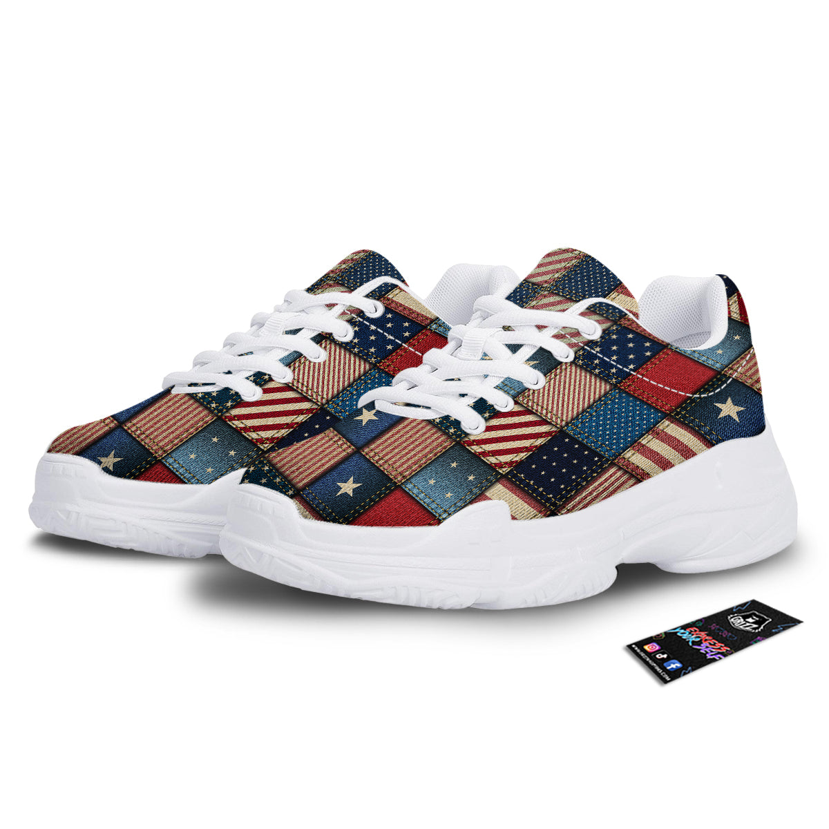 Patchwork Denim American Print Pattern White Chunky Shoes-grizzshop