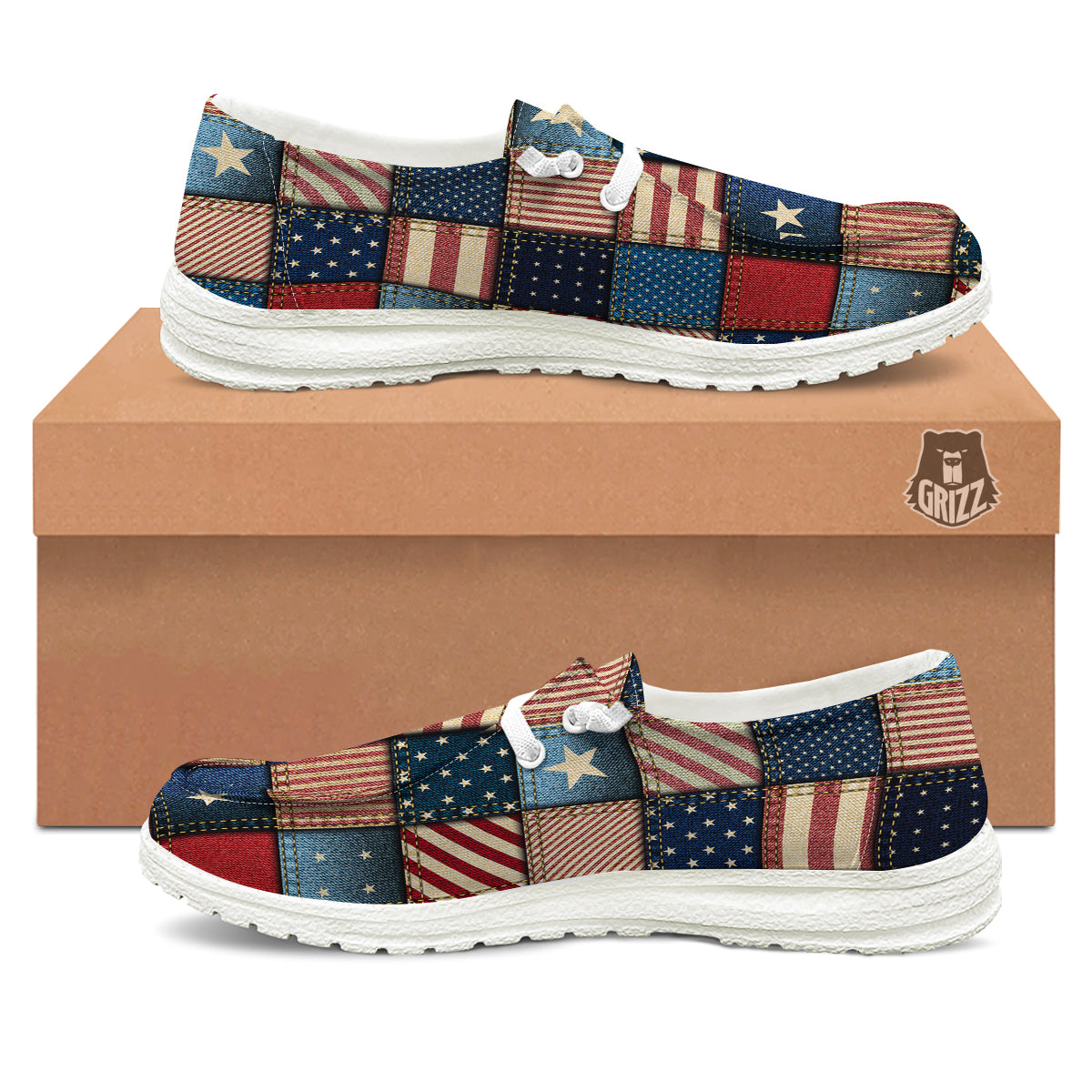 Patchwork Denim American Print Pattern White Loafers-grizzshop
