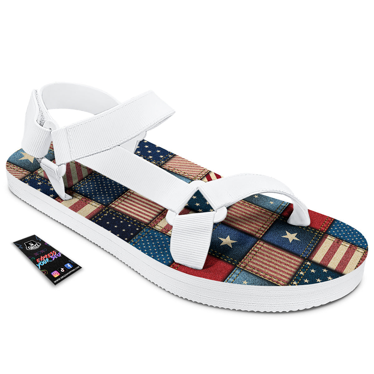 Patchwork Denim American Print Pattern White Open Toe Sandals-grizzshop
