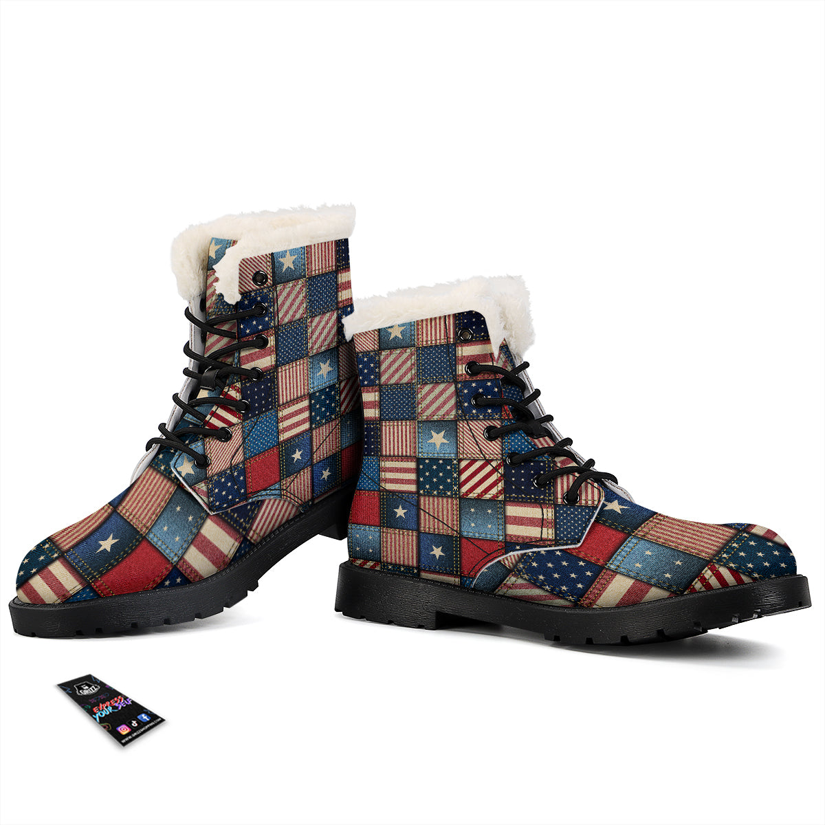 Patchwork Denim American Print Pattern Winter Boots-grizzshop