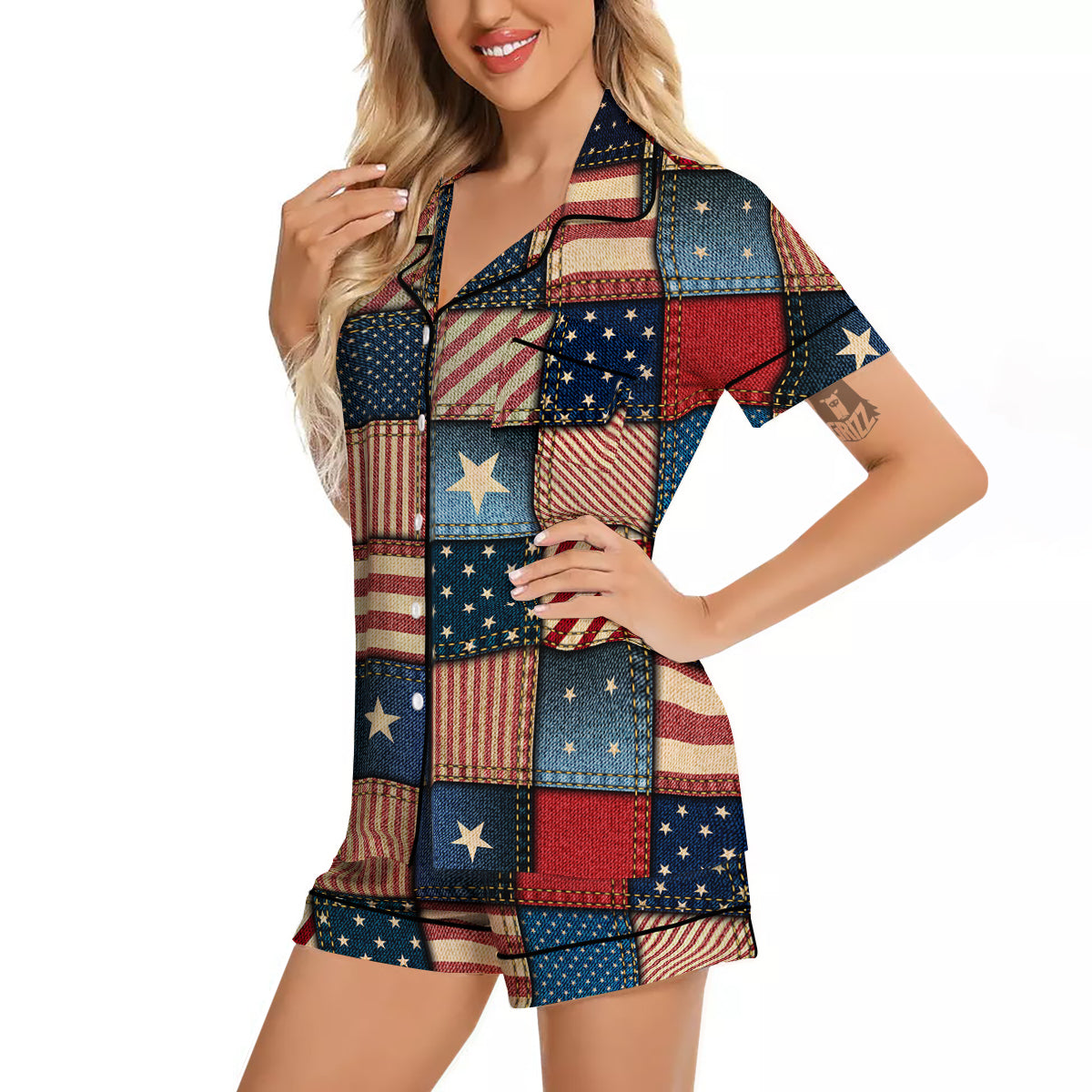 Patchwork Denim American Print Pattern Women Silk Pajamas-grizzshop