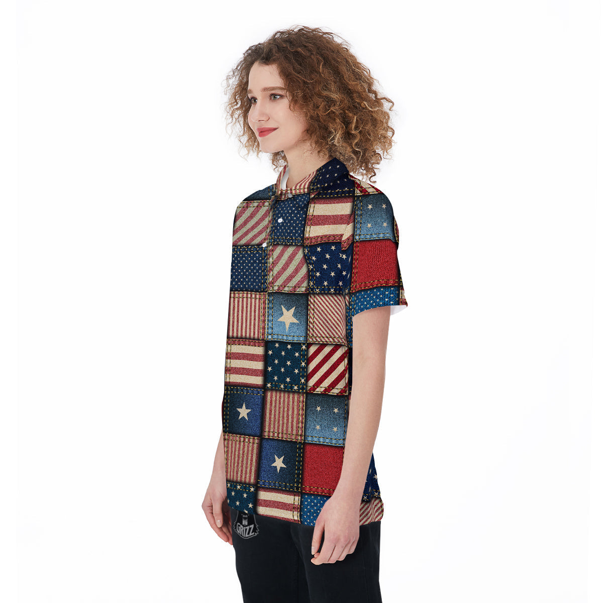 Patchwork Denim American Print Pattern Women's Golf Shirts-grizzshop