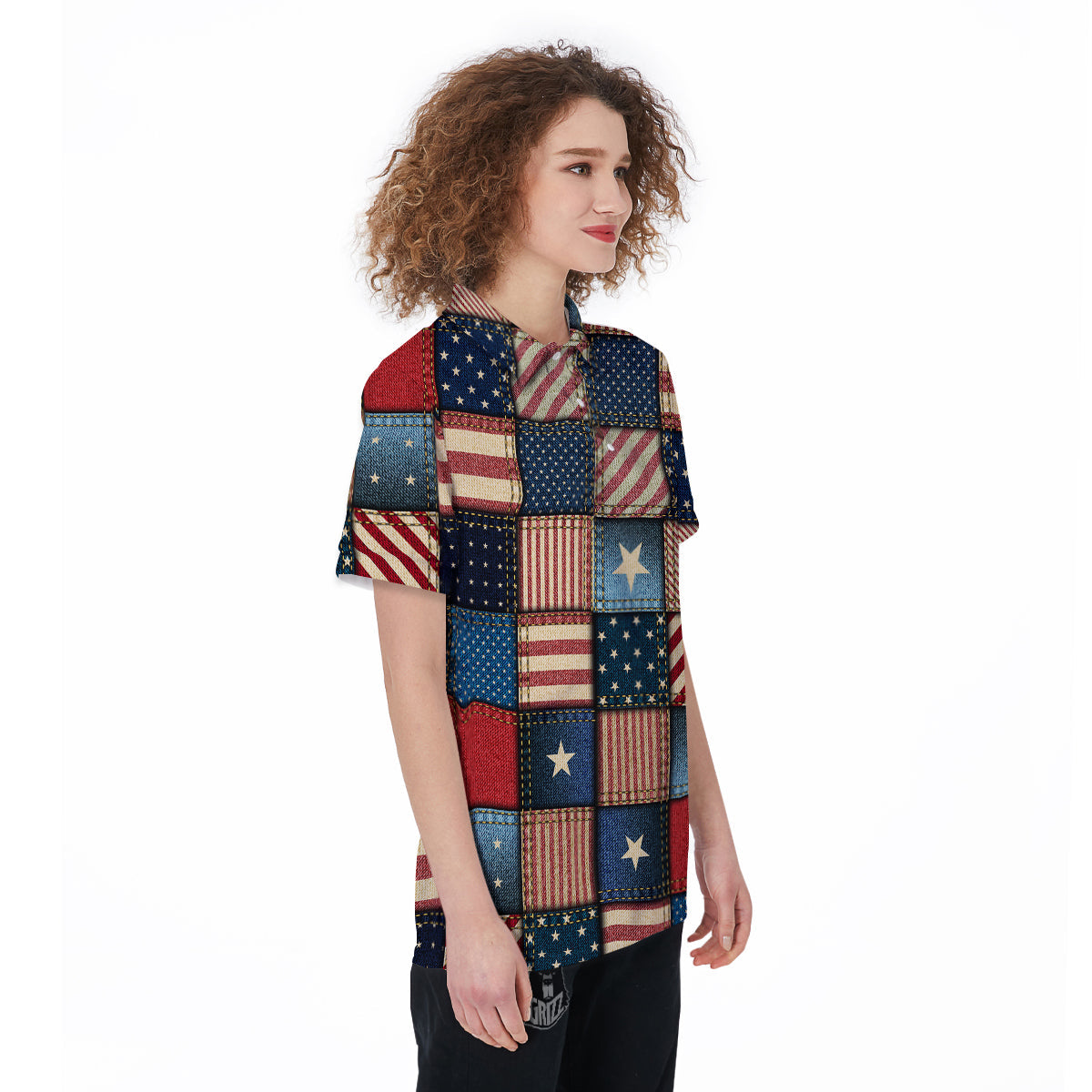 Patchwork Denim American Print Pattern Women's Golf Shirts-grizzshop
