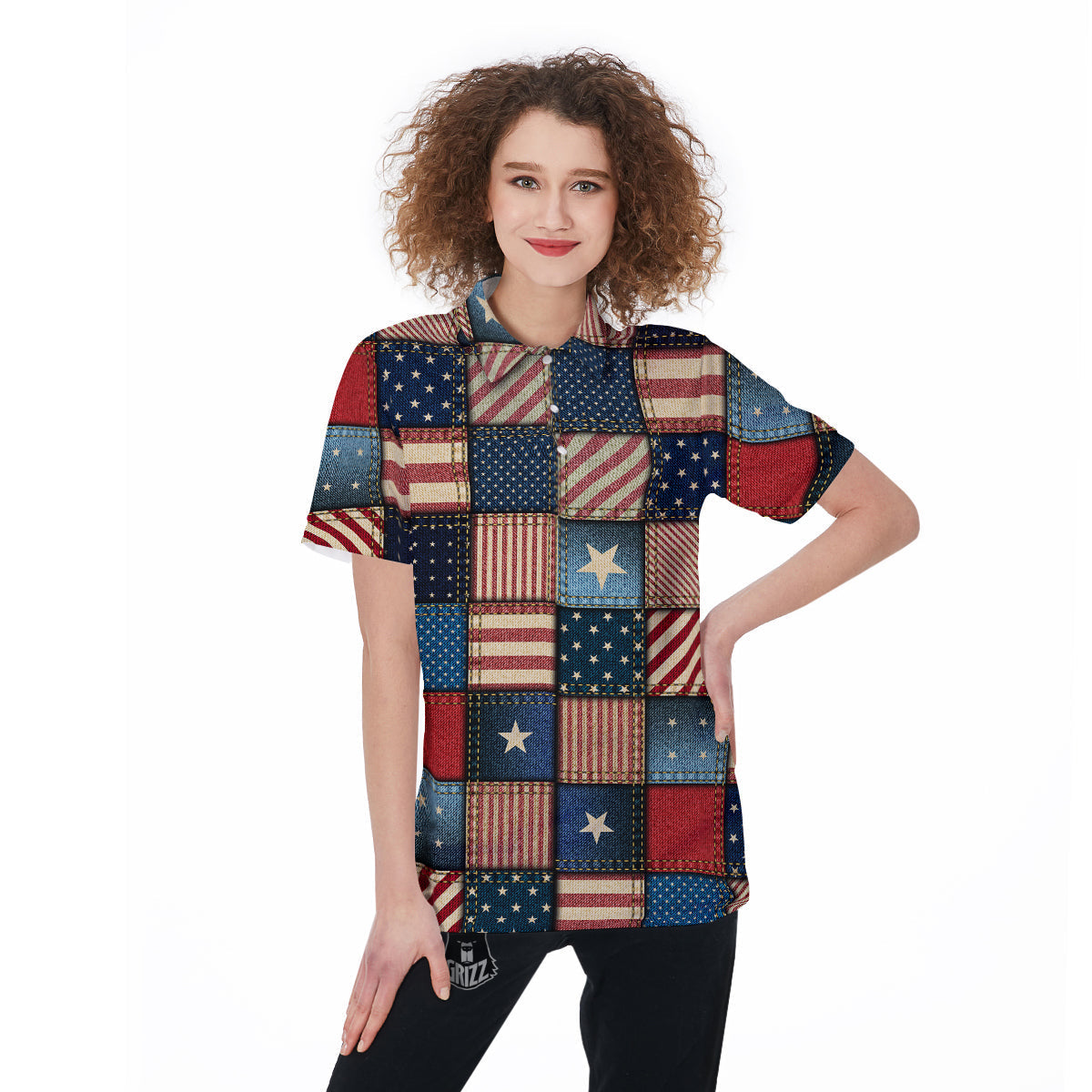 Patchwork Denim American Print Pattern Women's Golf Shirts-grizzshop