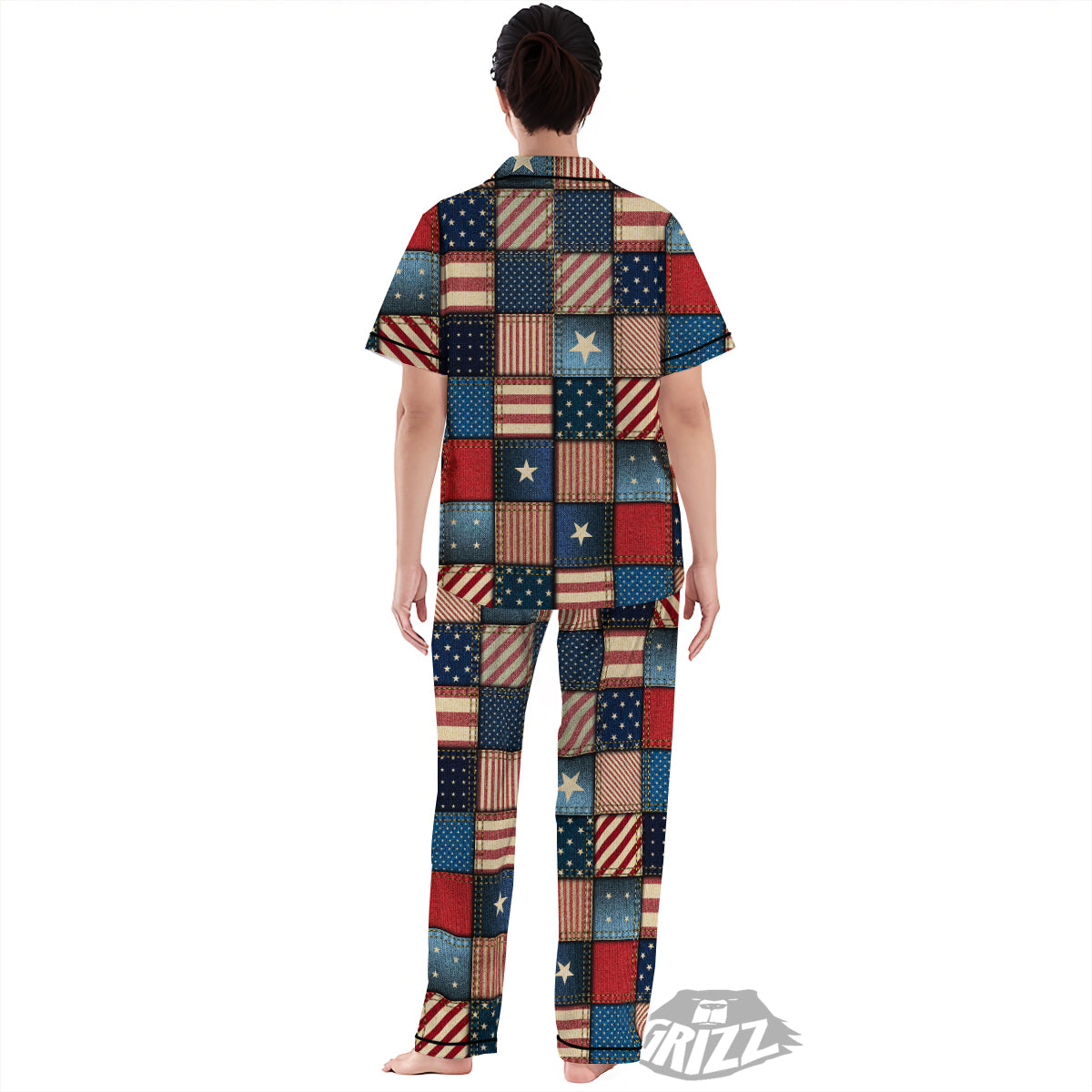 Patchwork Denim American Print Pattern Women's Pajamas Set-grizzshop