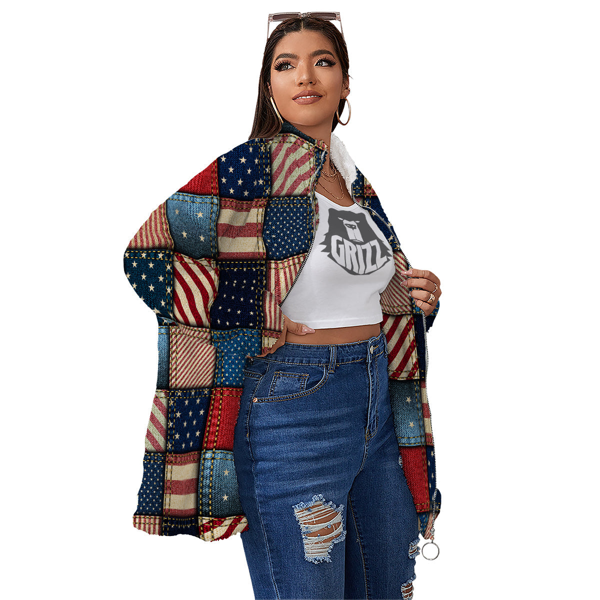 Patchwork Denim American Print Pattern Women's Sherpa Jacket-grizzshop