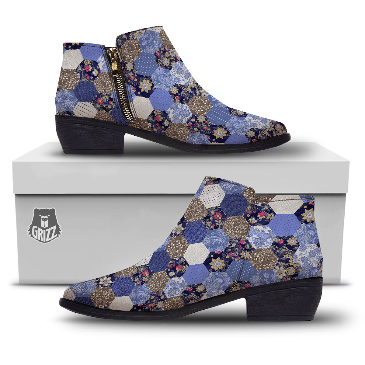 Patchwork Denim And Plaid Print Pattern Ankle Boots-grizzshop