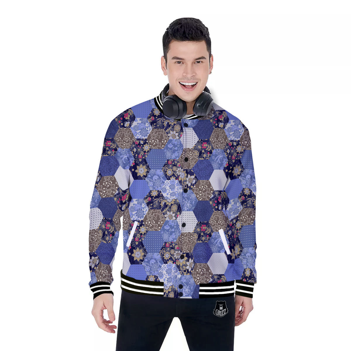 Patchwork Denim And Plaid Print Pattern Baseball Jacket-grizzshop