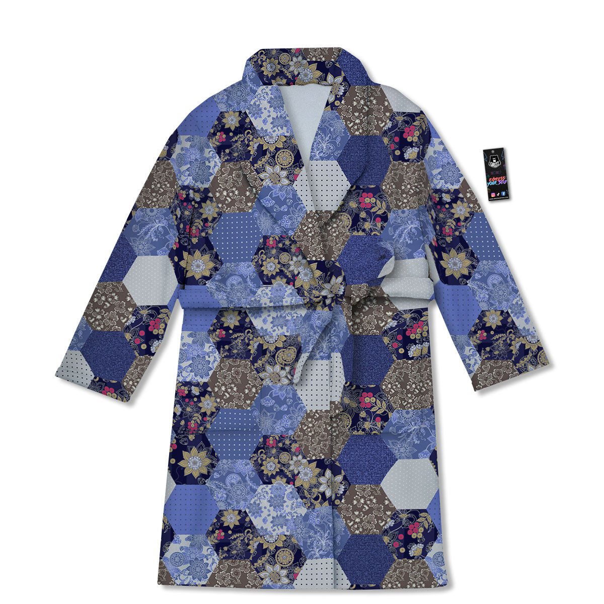 Patchwork Denim And Plaid Print Pattern Bathrobe-grizzshop