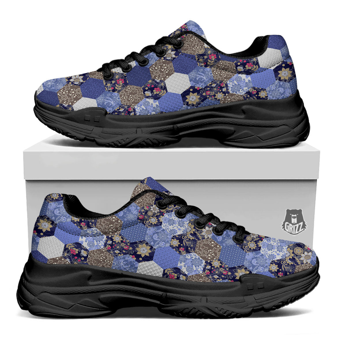 Patchwork Denim And Plaid Print Pattern Black Chunky Shoes-grizzshop