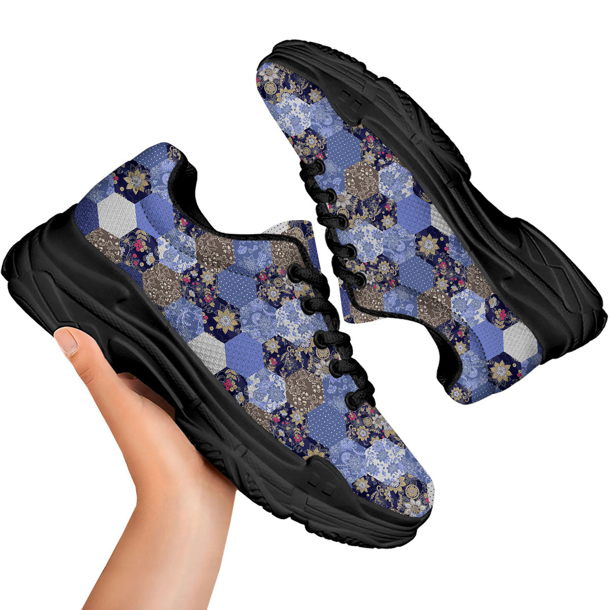Patchwork Denim And Plaid Print Pattern Black Chunky Shoes-grizzshop