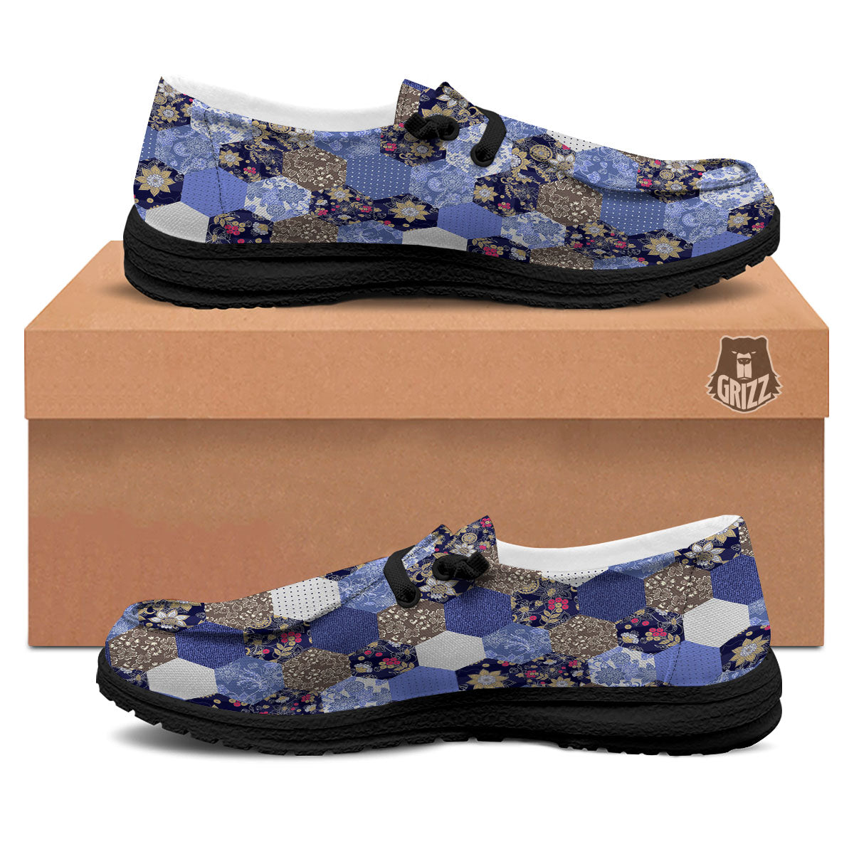 Patchwork Denim And Plaid Print Pattern Black Loafers-grizzshop