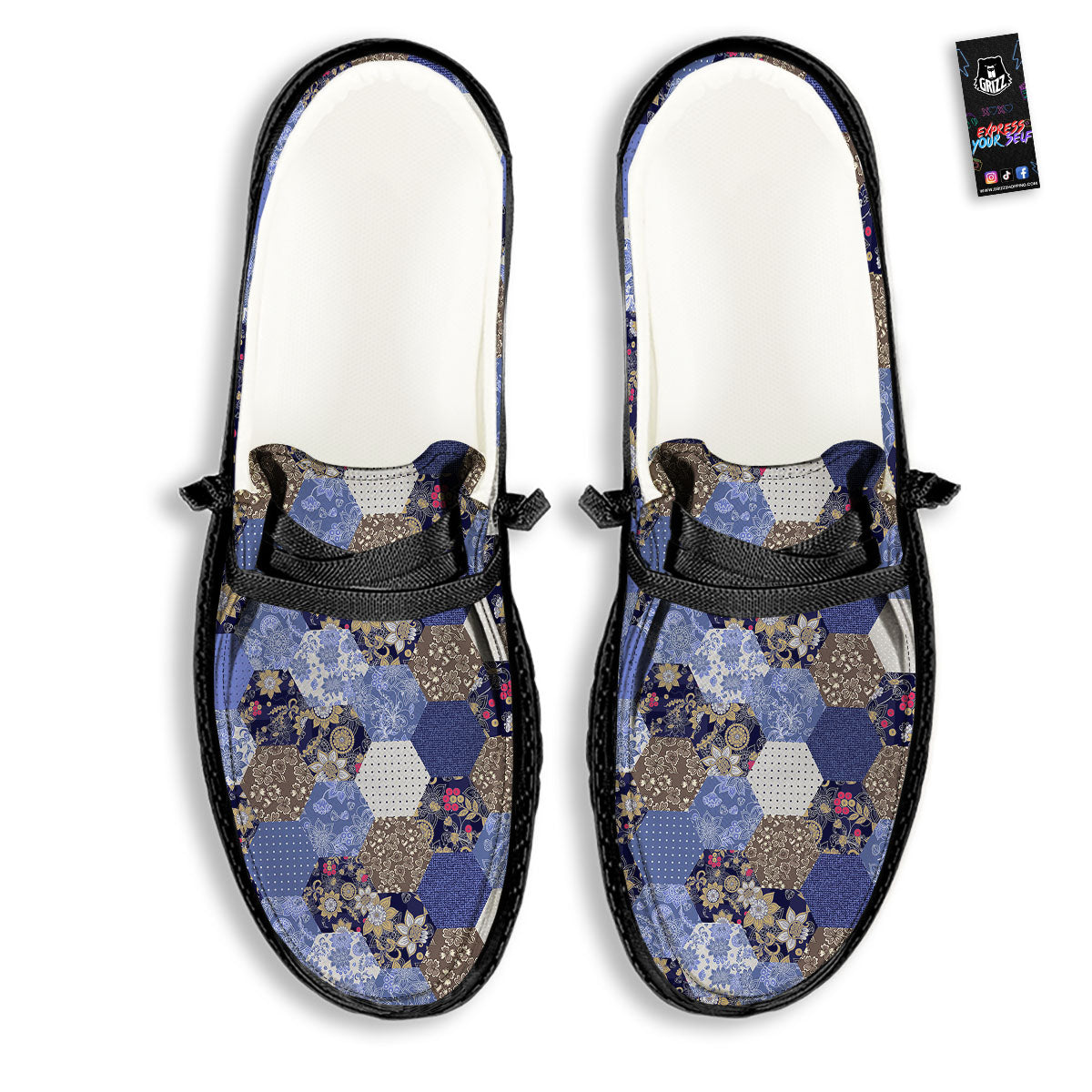 Patchwork Denim And Plaid Print Pattern Black Loafers-grizzshop