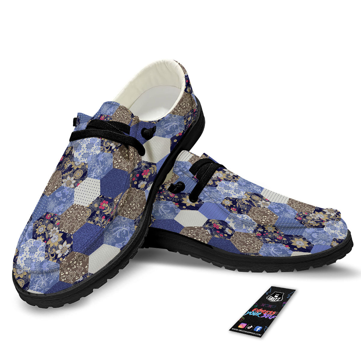 Patchwork Denim And Plaid Print Pattern Black Loafers-grizzshop