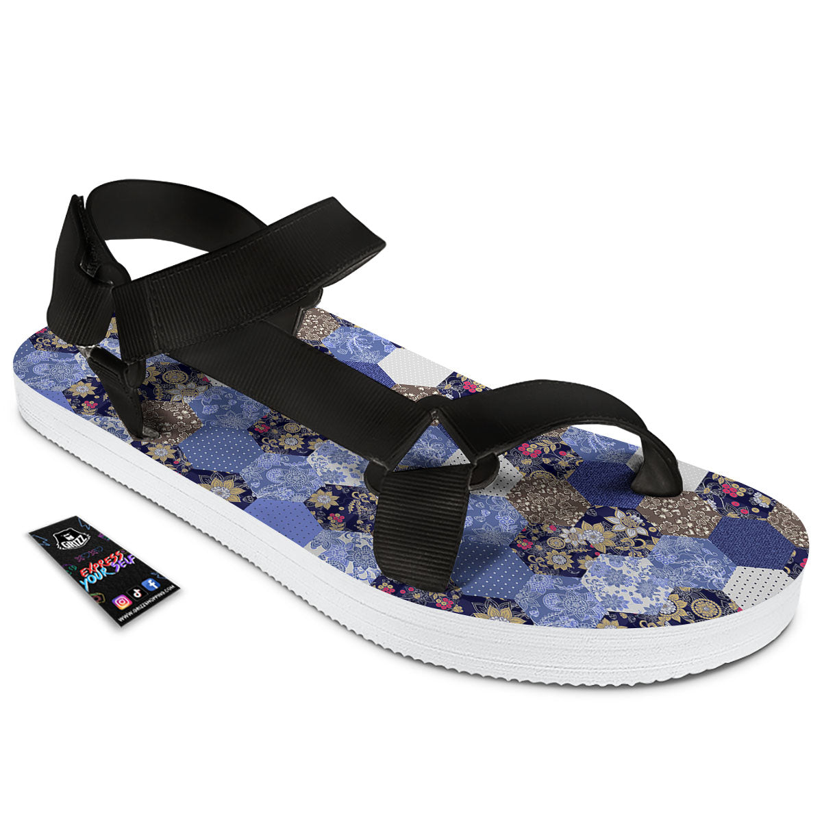 Patchwork Denim And Plaid Print Pattern Black Open Toe Sandals-grizzshop