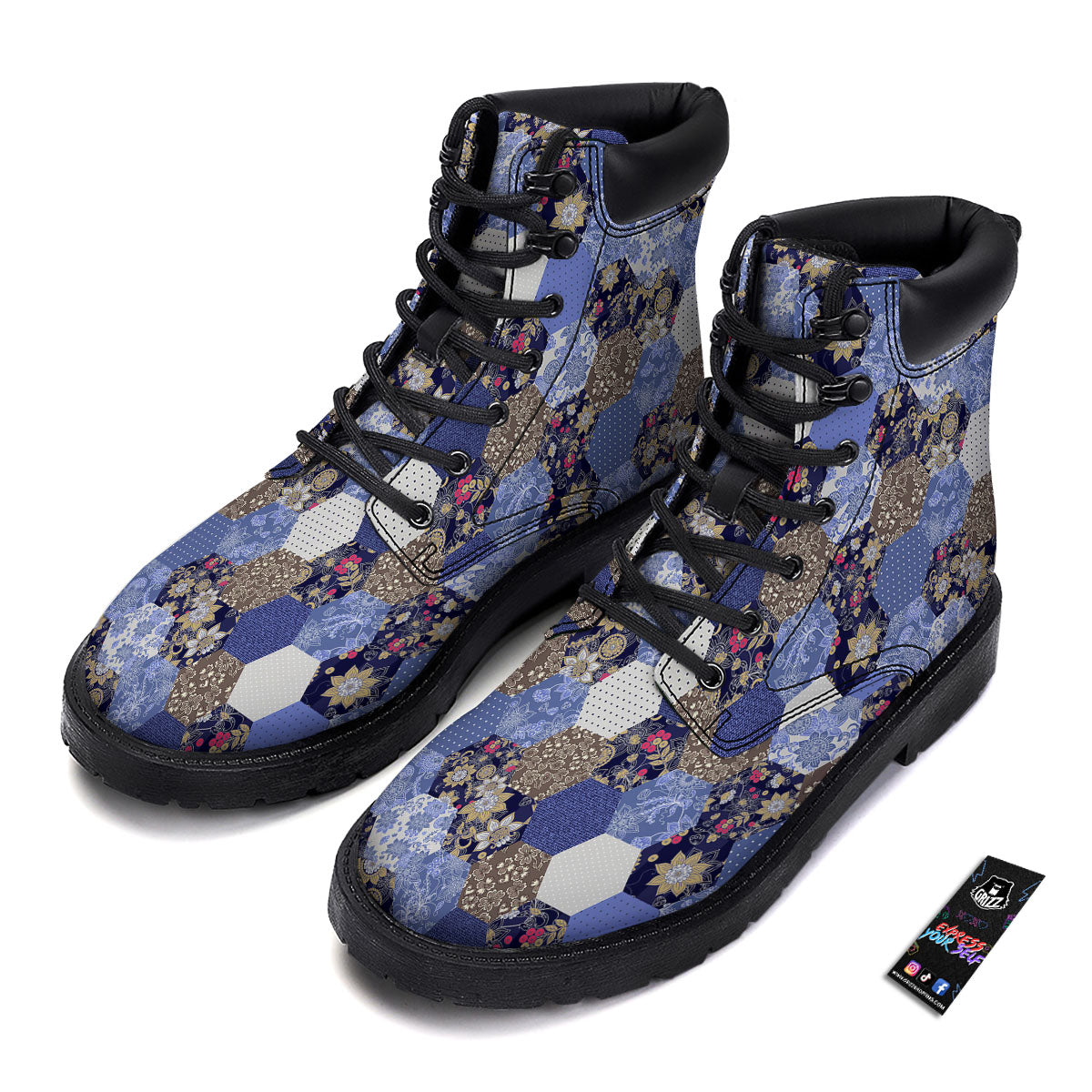 Patchwork Denim And Plaid Print Pattern Boots-grizzshop