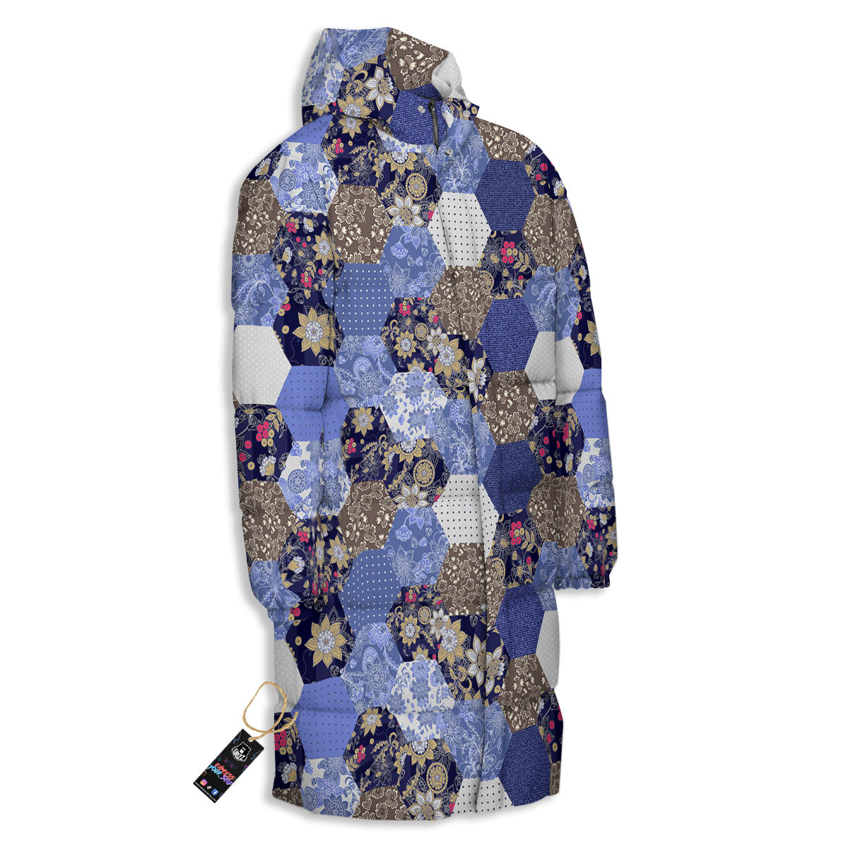 Patchwork Denim And Plaid Print Pattern Long Down Jacket-grizzshop