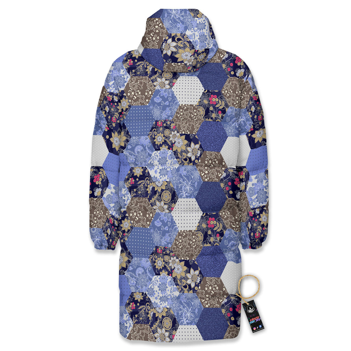 Patchwork Denim And Plaid Print Pattern Long Down Jacket-grizzshop