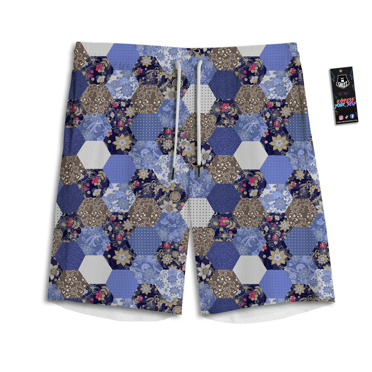 Patchwork Denim And Plaid Print Pattern Men's Athletic Shorts