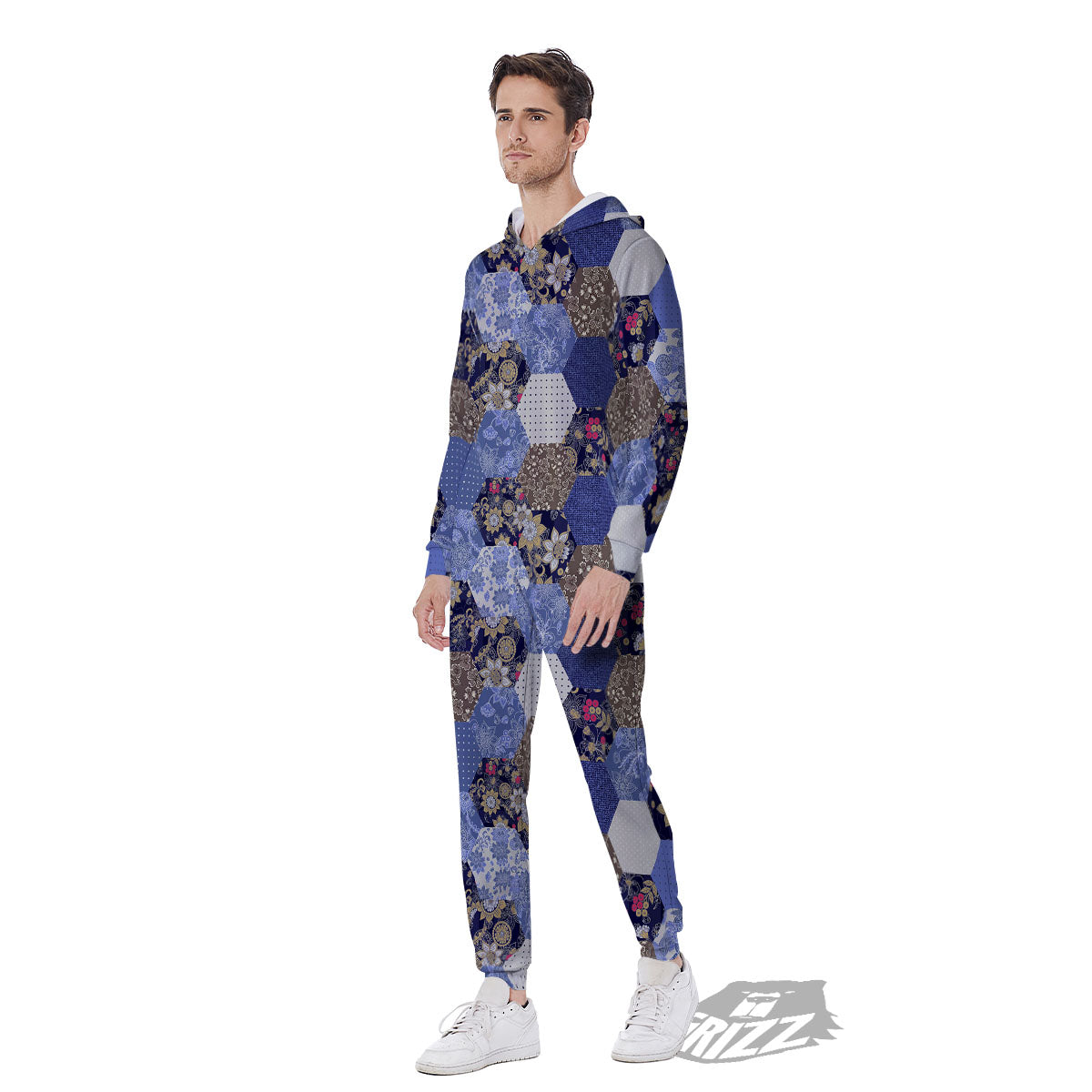 Patchwork Denim And Plaid Print Pattern Men's Jumpsuit-grizzshop