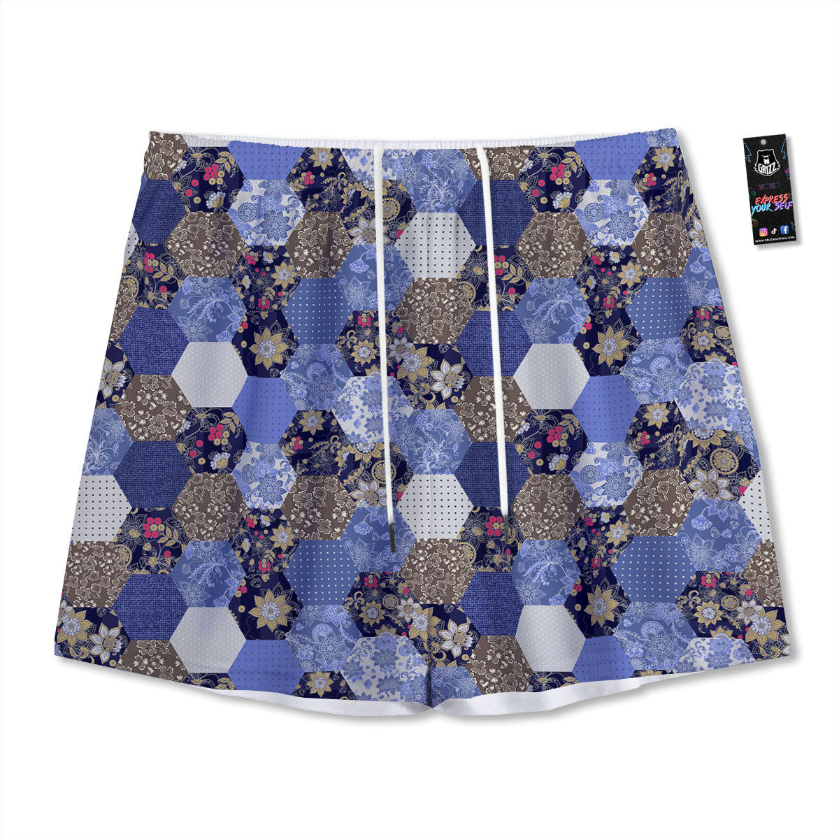 Patchwork Denim And Plaid Print Pattern Mesh Shorts-grizzshop