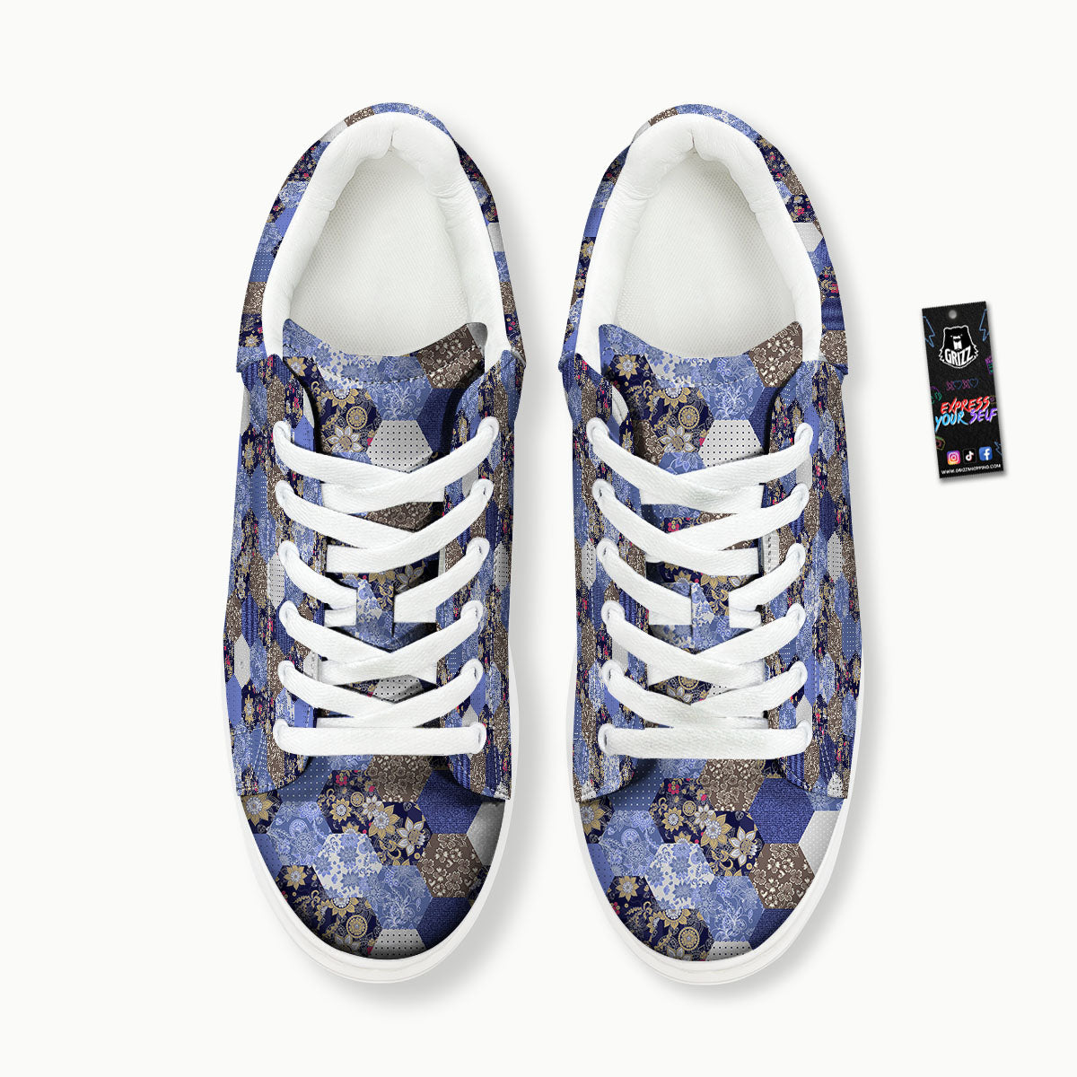 Patchwork Denim And Plaid Print Pattern Platform Shoes-grizzshop