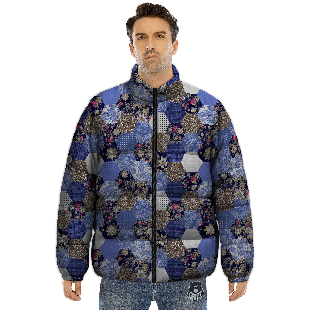 Patchwork Denim And Plaid Print Pattern Puffer Jacket-grizzshop