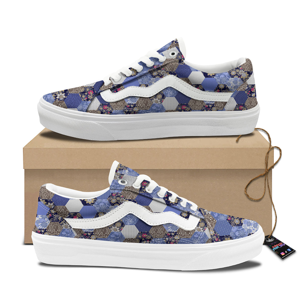 Patchwork Denim And Plaid Print Pattern Skate Shoes-grizzshop
