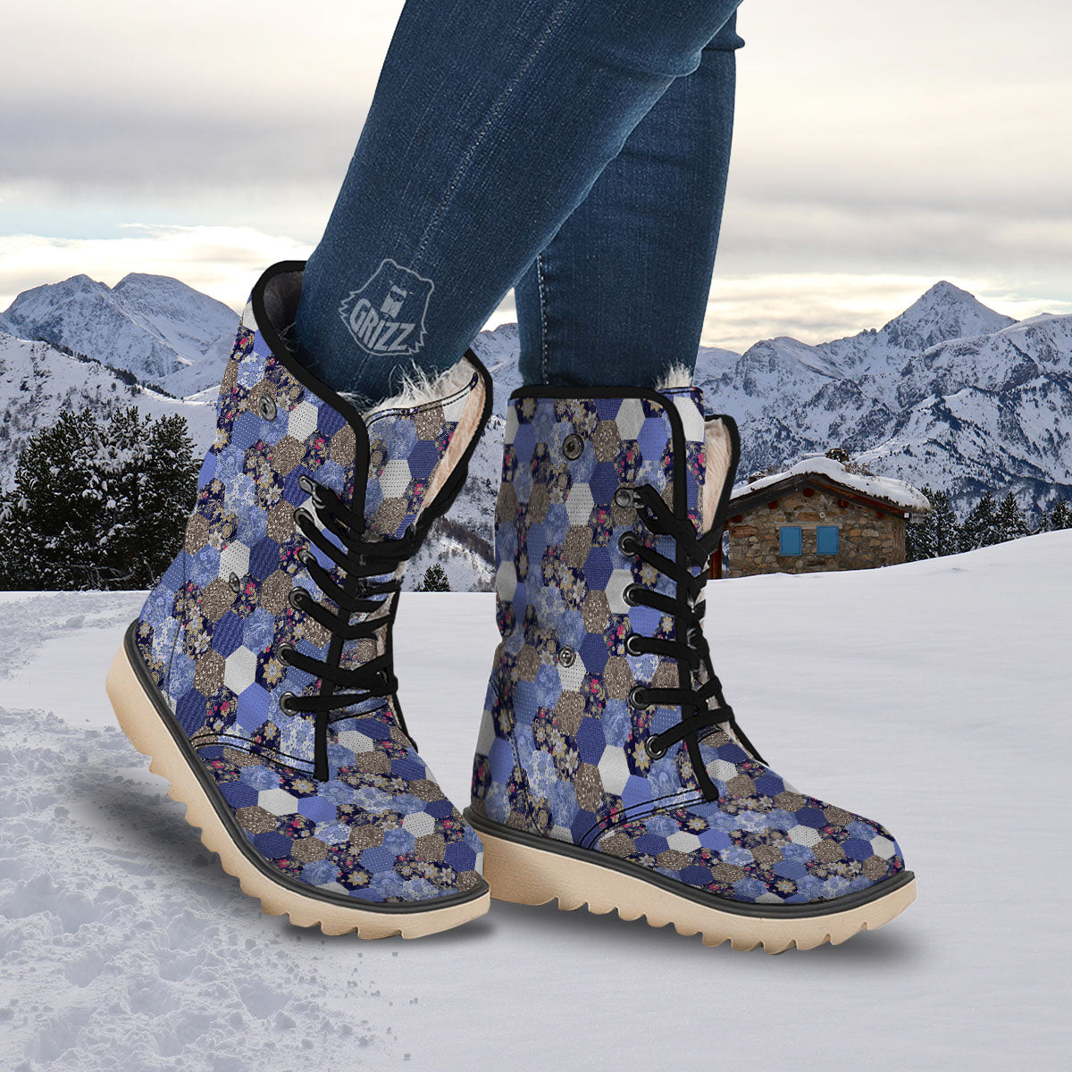 Patchwork Denim And Plaid Print Pattern Snow Boots-grizzshop