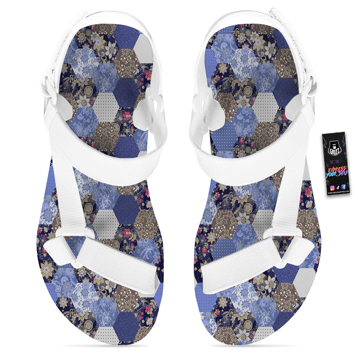 Patchwork Denim And Plaid Print Pattern White Open Toe Sandals-grizzshop