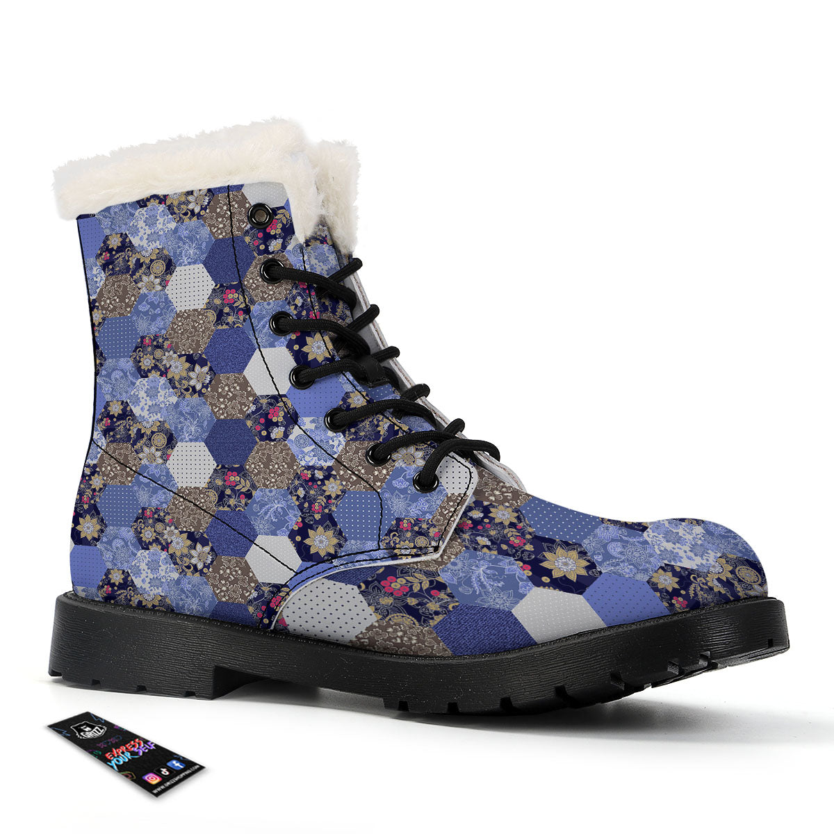 Patchwork Denim And Plaid Print Pattern Winter Boots-grizzshop