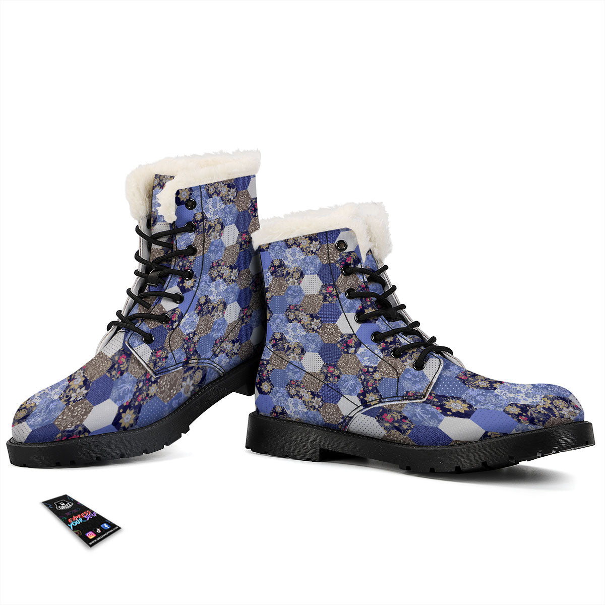 Patchwork Denim And Plaid Print Pattern Winter Boots-grizzshop