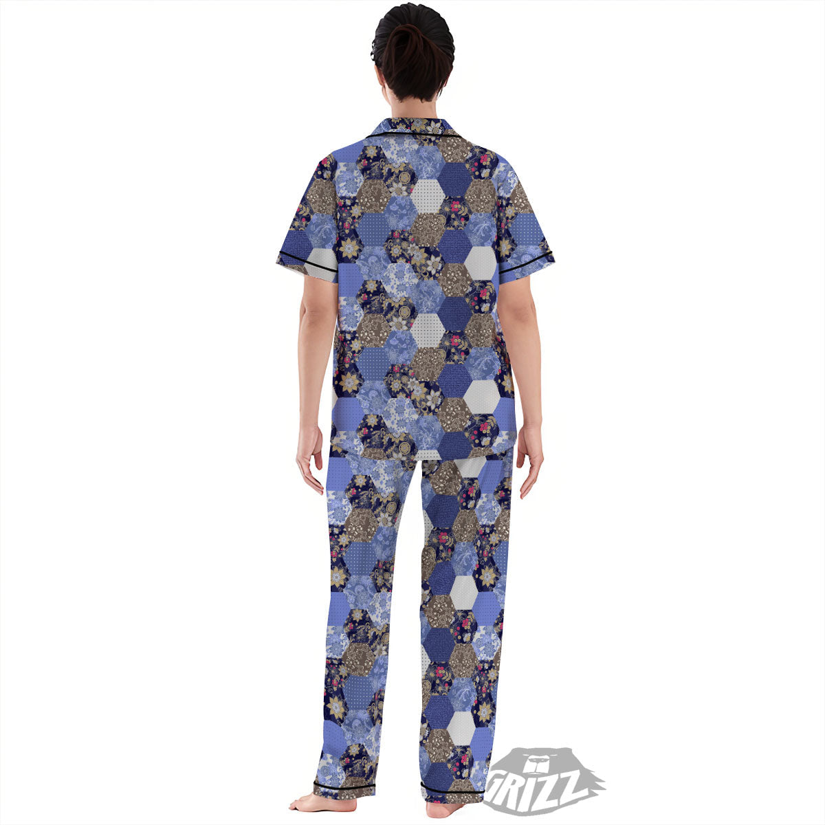 Patchwork Denim And Plaid Print Pattern Women's Pajamas Set-grizzshop