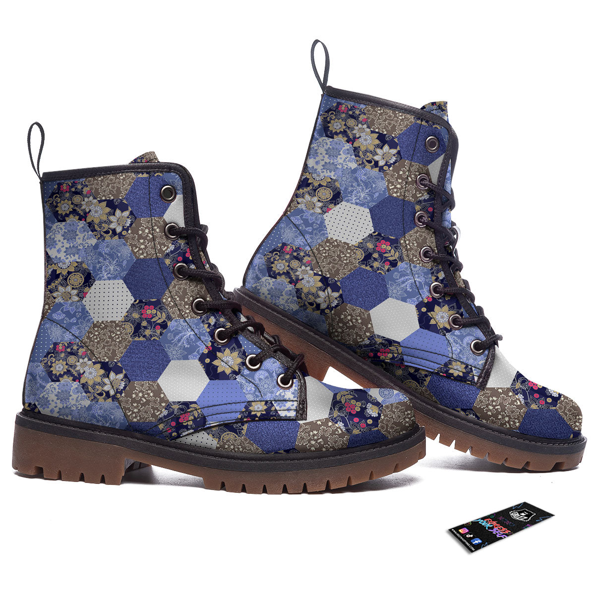 Patchwork Denim And Plaid Print Pattern Work Boots-grizzshop