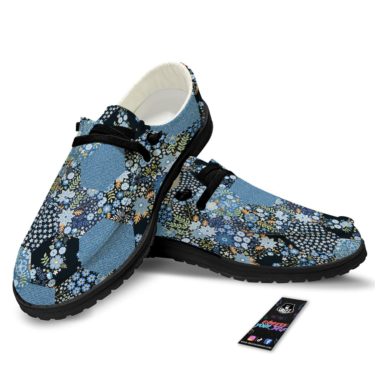 Patchwork Ethnic Floral Print Pattern Black Loafers-grizzshop