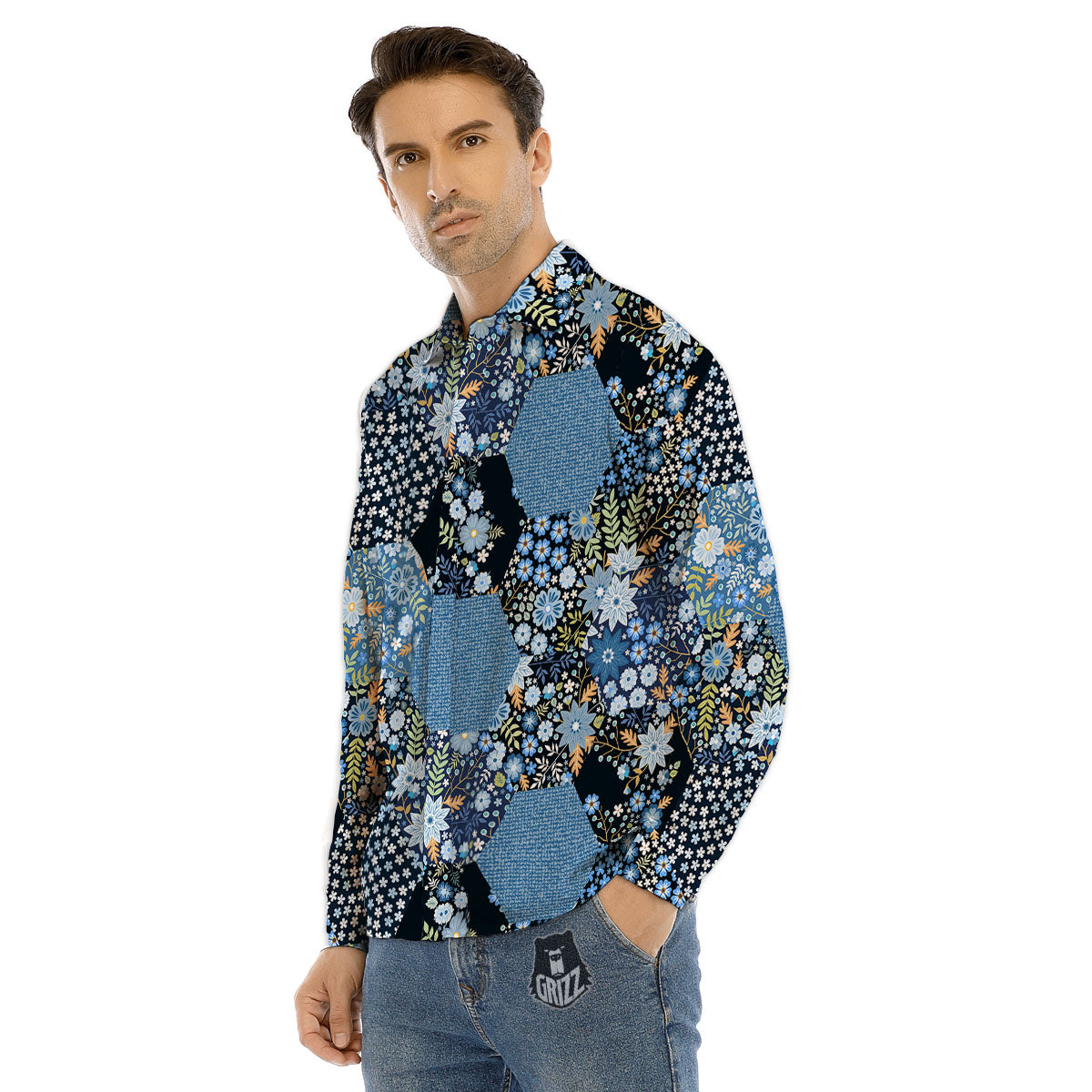 Patchwork Ethnic Floral Print Pattern Men's Dress Shirts-grizzshop