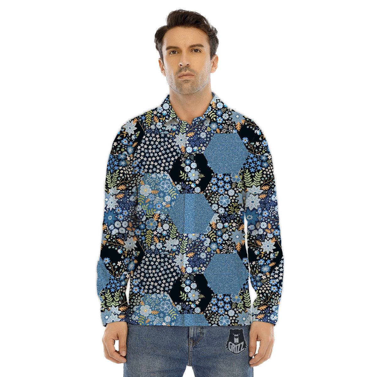 Patchwork Ethnic Floral Print Pattern Men's Dress Shirts-grizzshop