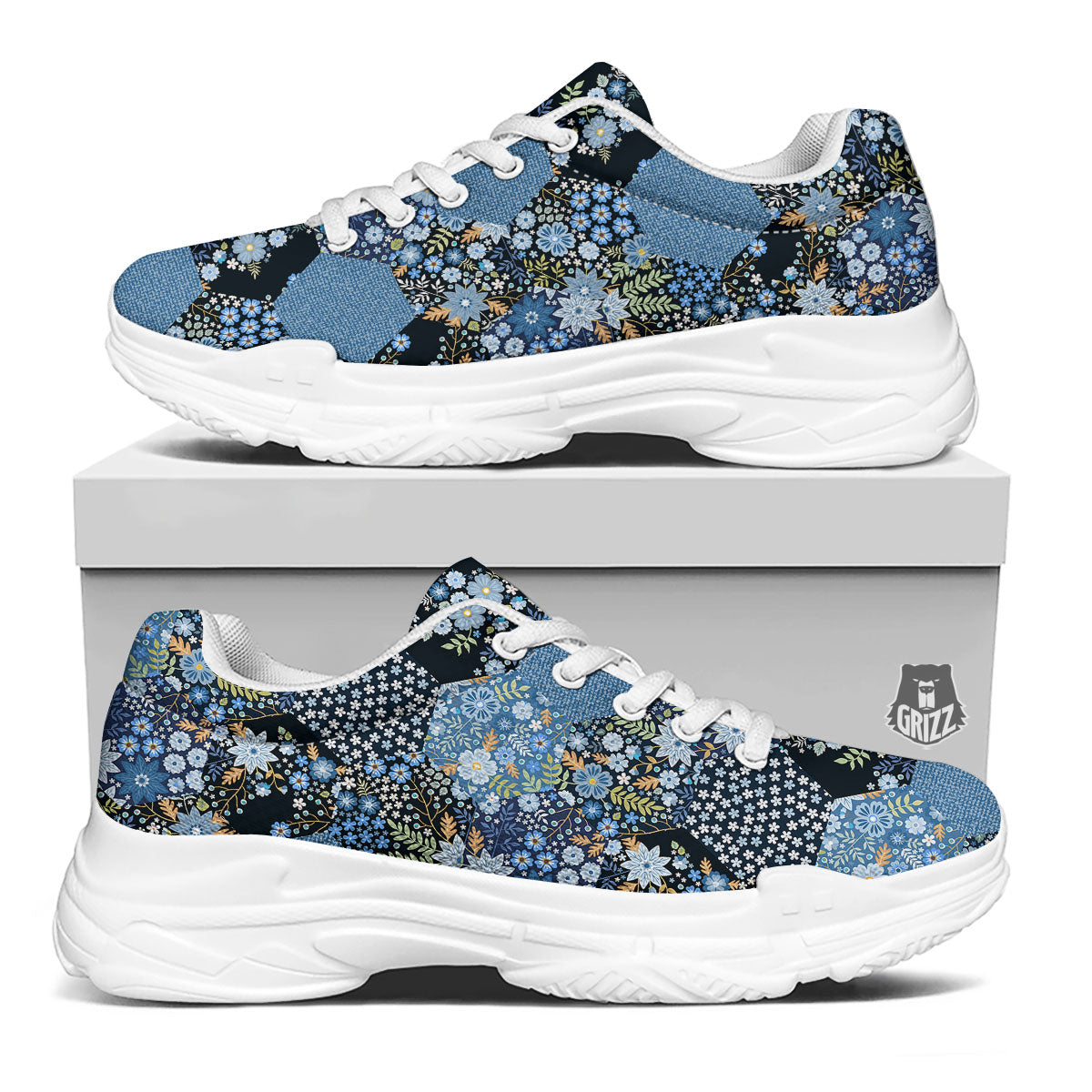 Patchwork Ethnic Floral Print Pattern White Chunky Shoes-grizzshop