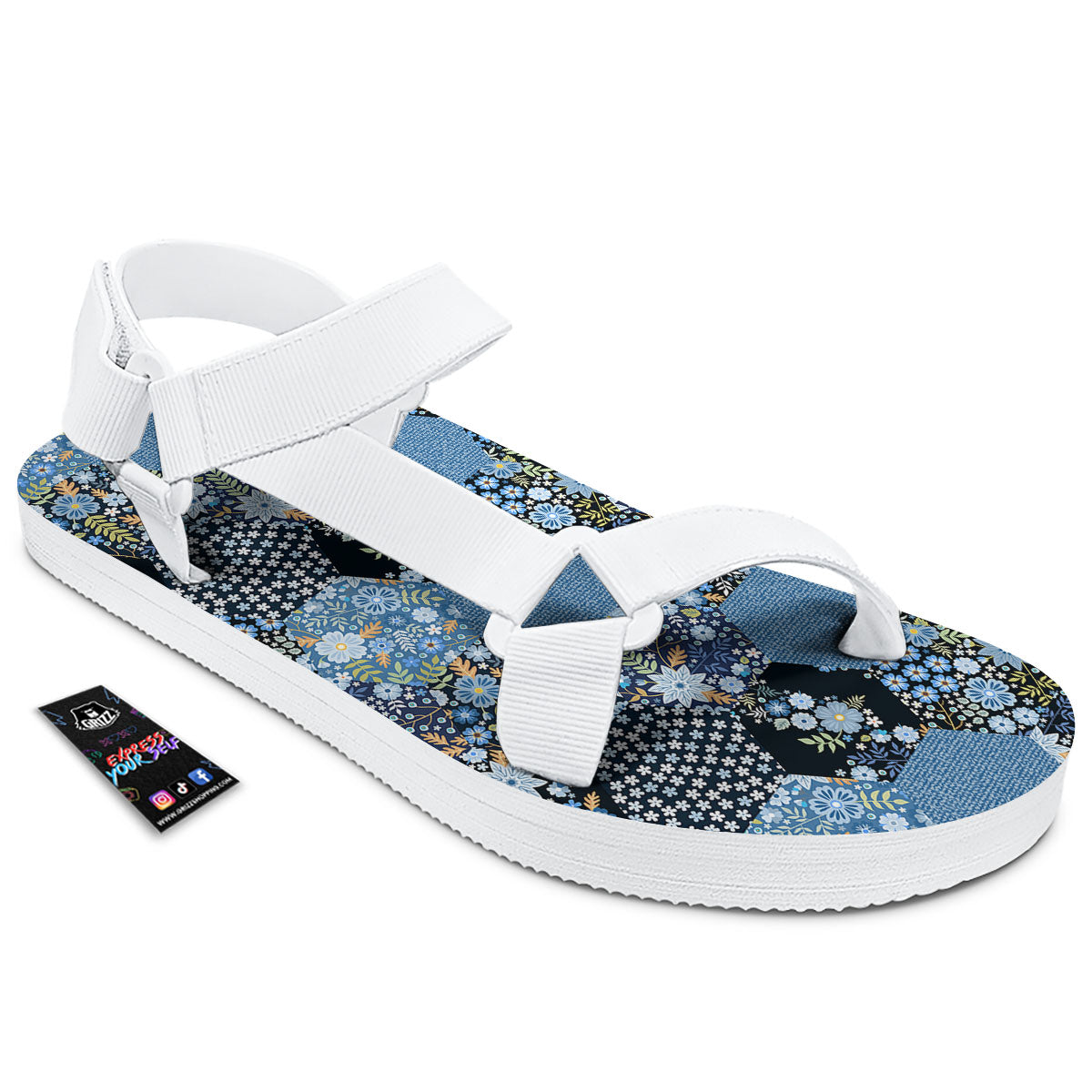 Patchwork Ethnic Floral Print Pattern White Open Toe Sandals-grizzshop