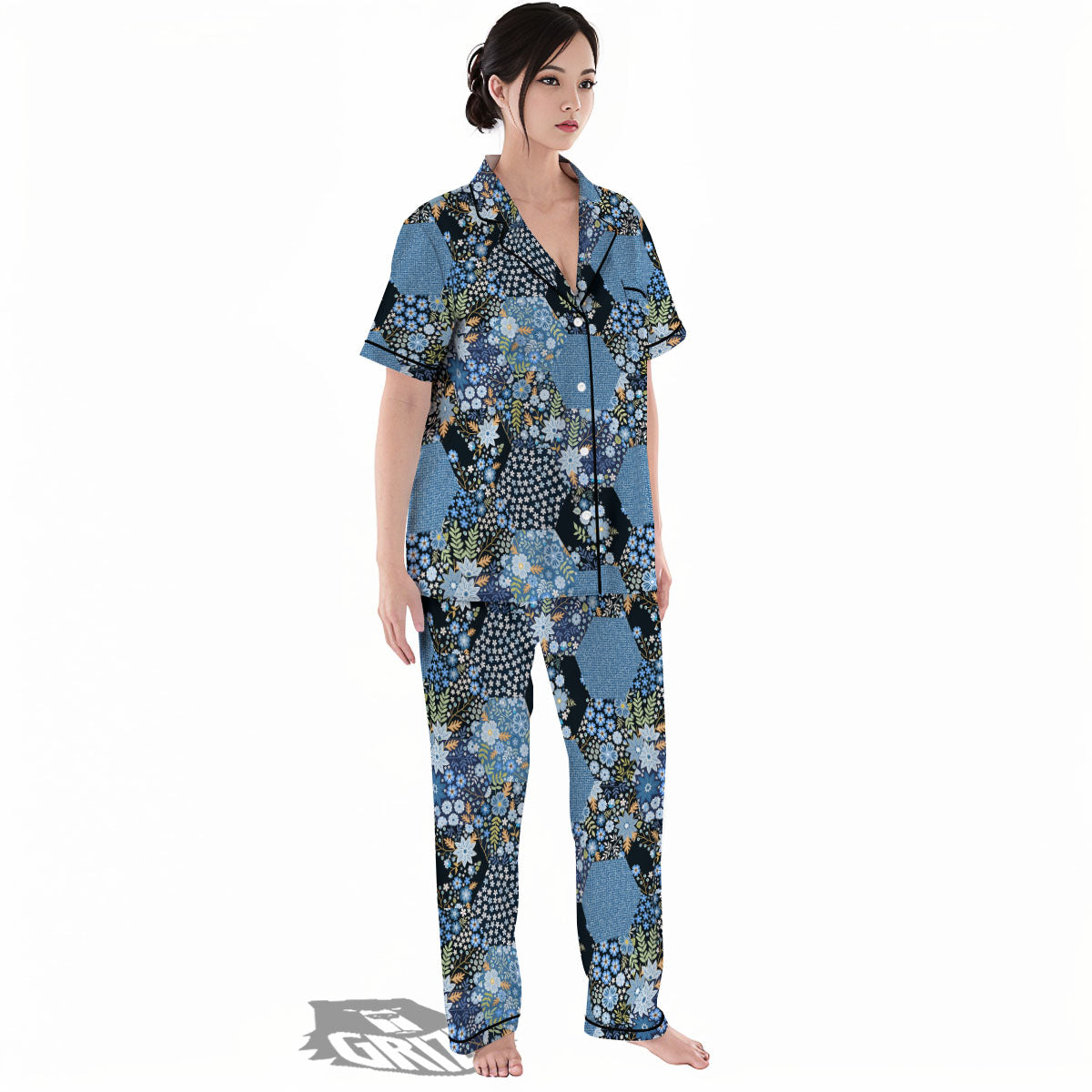Patchwork Ethnic Floral Print Pattern Women's Pajamas Set-grizzshop