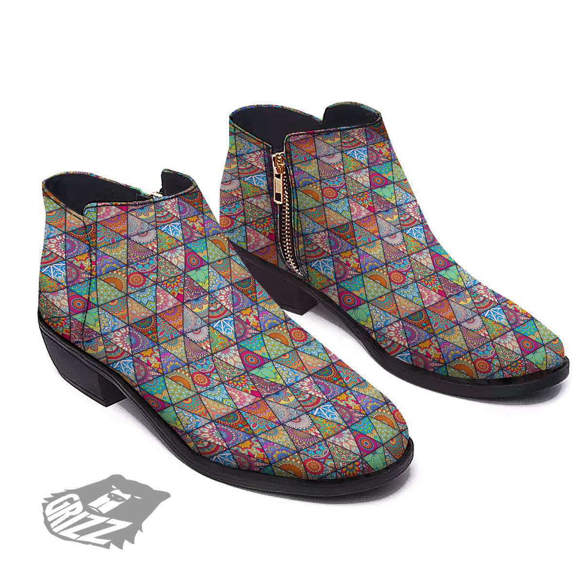 Patchwork Ethnic Mandala Print Pattern Ankle Boots-grizzshop