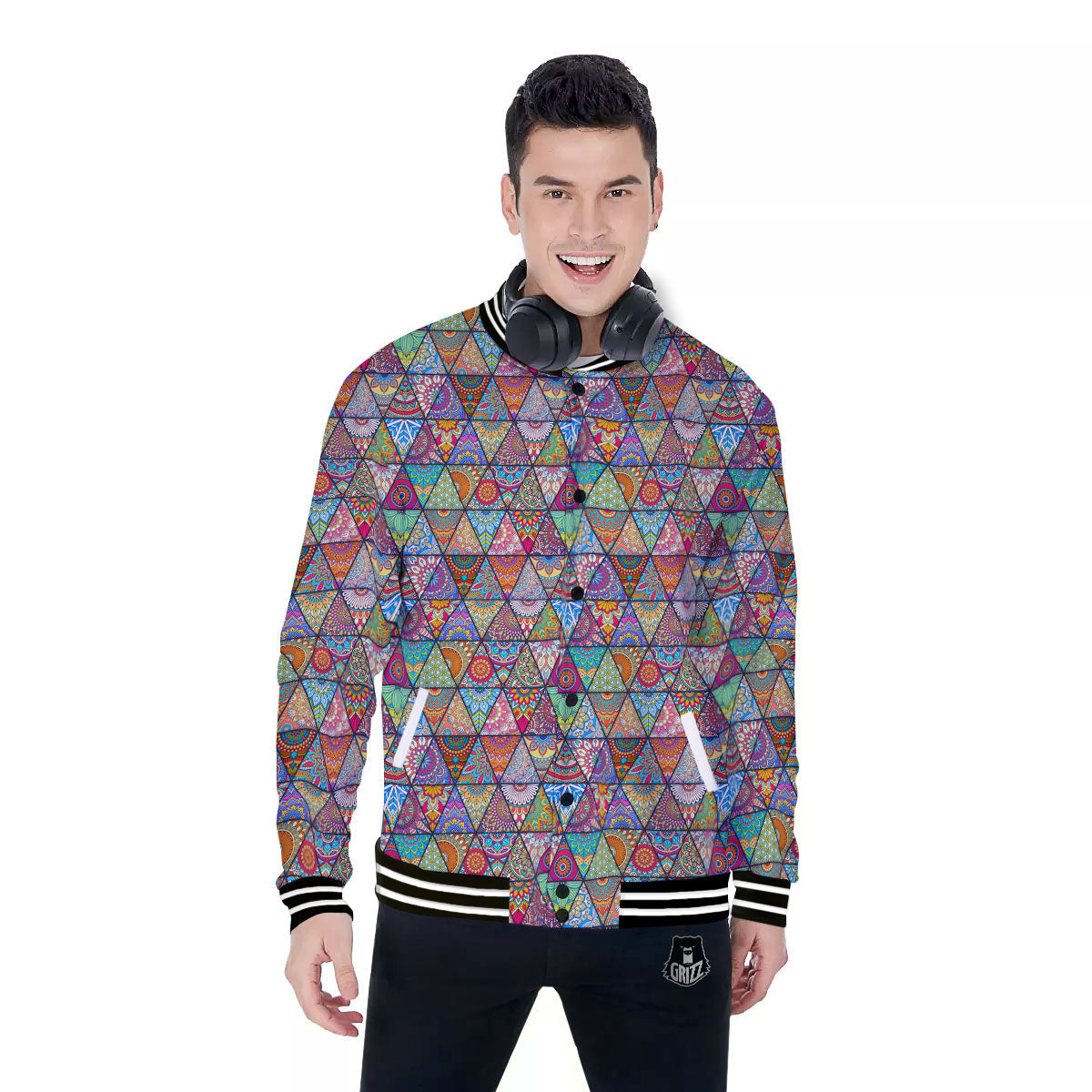 Patchwork Ethnic Mandala Print Pattern Baseball Jacket-grizzshop