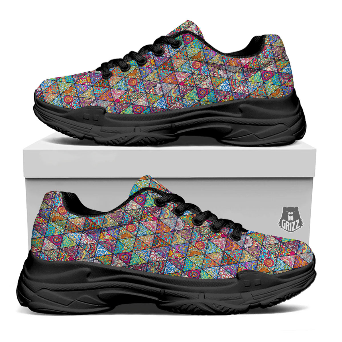 Patchwork Ethnic Mandala Print Pattern Black Chunky Shoes-grizzshop