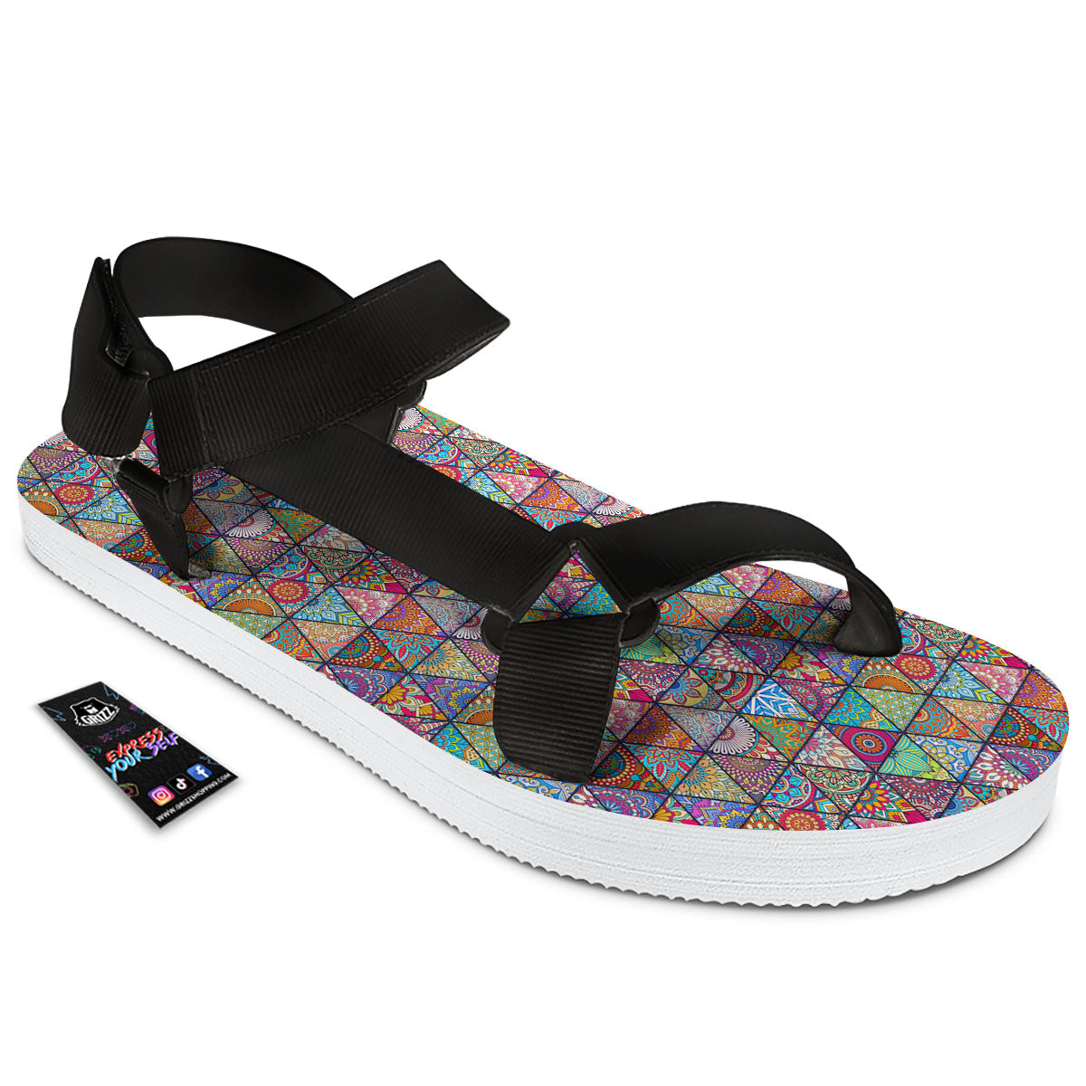 Patchwork Ethnic Mandala Print Pattern Black Open Toe Sandals-grizzshop