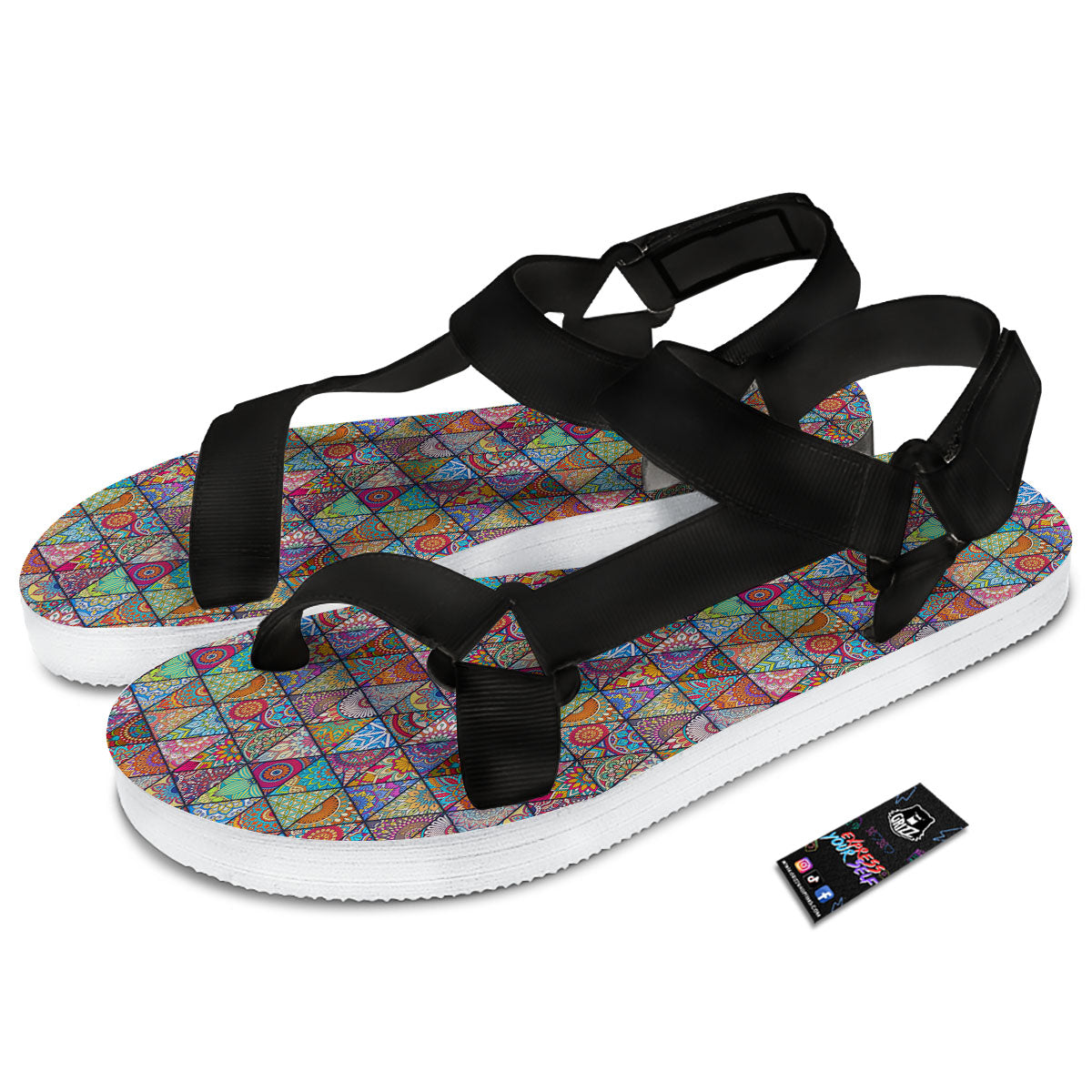 Patchwork Ethnic Mandala Print Pattern Black Open Toe Sandals-grizzshop