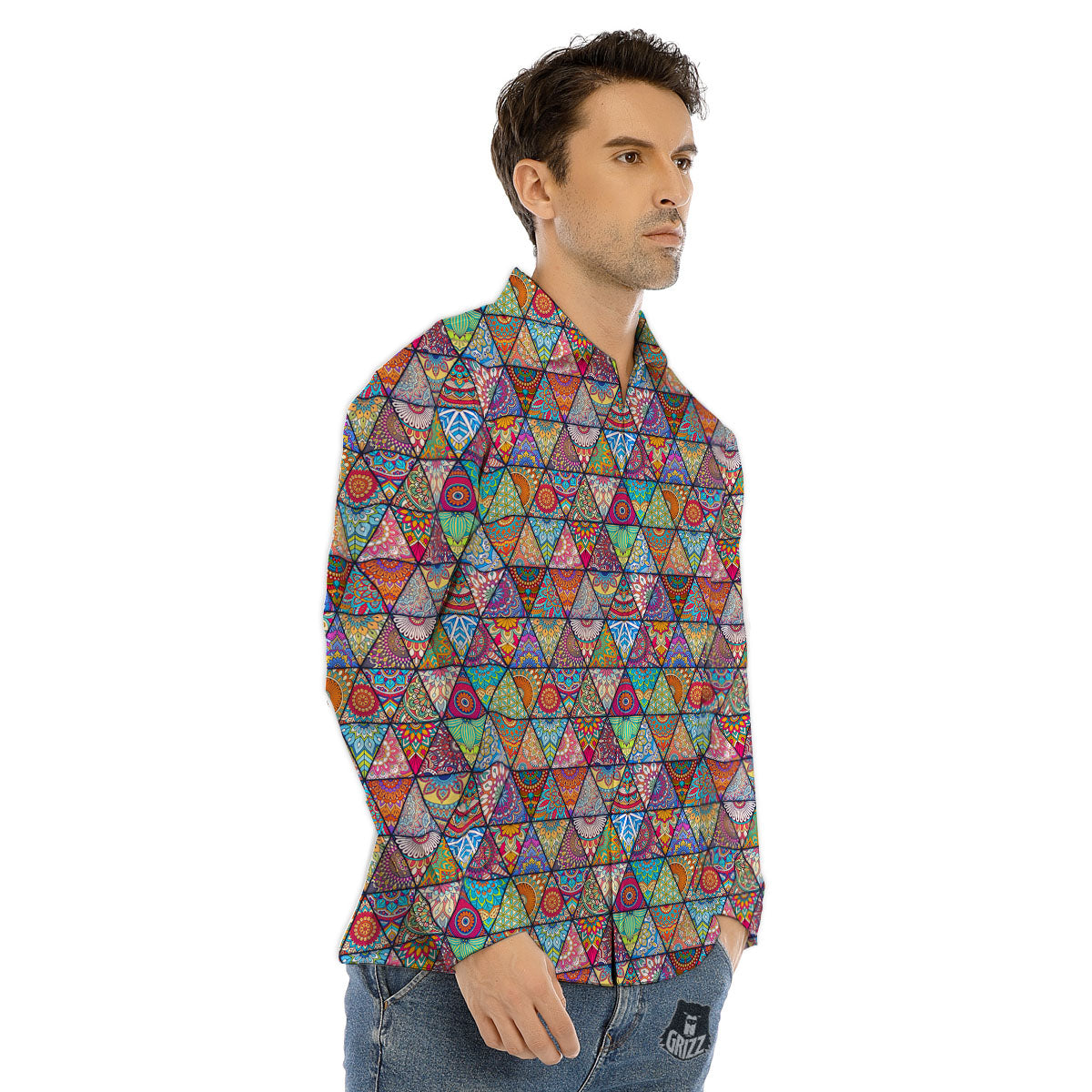 Patchwork Ethnic Mandala Print Pattern Men's Dress Shirts-grizzshop