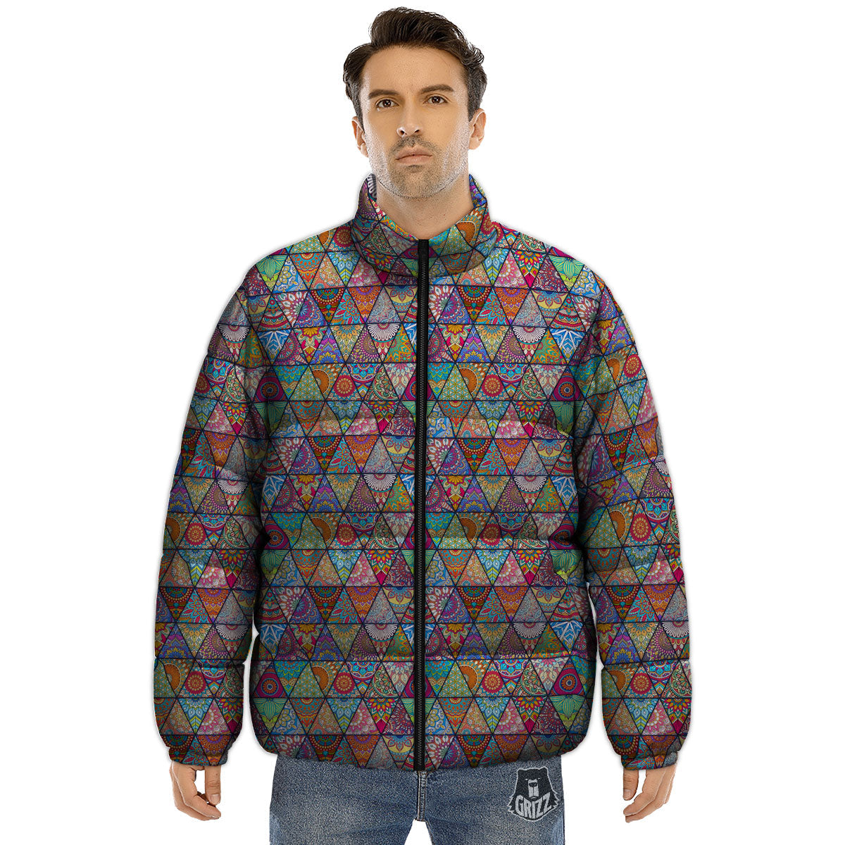 Patchwork Ethnic Mandala Print Pattern Puffer Jacket-grizzshop